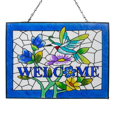 China Modern Hummingbird Stained Glass Window Hanging, Stained Glass Wall Art Decor with Welcome & Suncatcher Panel with Chain Home Deco for sale