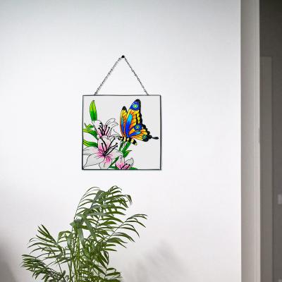 China Art Deco Handmade Stain Glass Paint Panel Artwork, Butterfly & Flowers Window Suncatcher with Metal Chain for sale