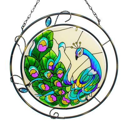 China Modern Peacock Handmade Stained Glass Wall Hanging Artwork , Window Suncatcher Panels With Chains for sale