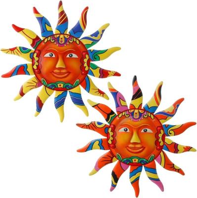 China Art Deco 2PC Metal Sun Wall Art, Waterproof Wall Art Decor Hanging Colorful Garden Metal Sun Face Sculptures and Statues Yellow&Orange for sale