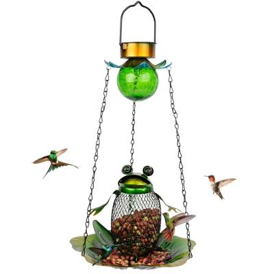 China Europe Wild Bird Solar Feeder Metal Frog Bird Feeder With Mesh With Waterproof Chain For Garden Outside Patio Yard Decoration for sale