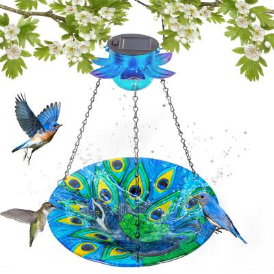 China Outdoor Hanging Glass Peacock Bird Solar Bath Solar Bird Feeder Lights 10.6