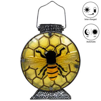 China Morden Hanging Solar Lanterns Stained Glass Bee Solar Garden Lanterns Waterproof Solar Lights Outdoor Decor Lamp for sale