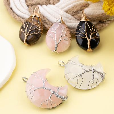 China DIY Fashional Beads Water Drop Moon Tree of Life Charm Semi Precious Stone Pendant Wire Wrapped Pendant For Necklace Jewelry Making for sale