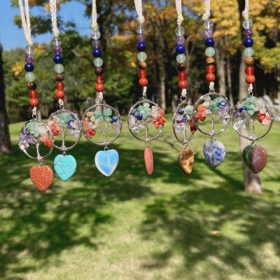 China DIY Fashional Beads Natural Colorful Stone Tree of Life Heart Pendant Healing Colorful Car Crystal Craft Chakra Heart Charm Pendant for sale