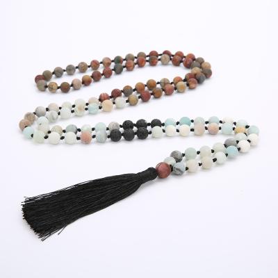 China New Vintage Round Tassel Necklace Long Necklace Hand-Knotted Vintage Semi-Precious Stone Beaded Mala Necklace for sale