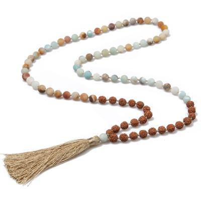 China Vintage Stone Bodhi Bead Jewelry Unisex Natural 108 Mala Beaded Knotted Tassel Necklace for sale