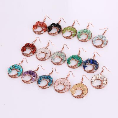 China Women's DIY Fashional Pearl Hand Wire Natural Circles Crystal Gravel Earring Round Shape Tree of Life Colorful Crystal Earrings for sale