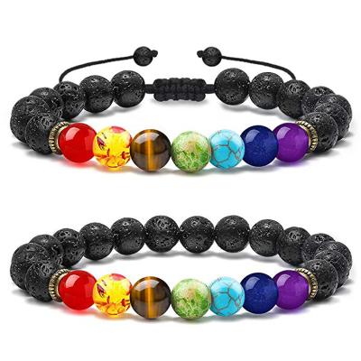 China Handmade Vintage Men's Yoga Chakra Bracelet 8mm 7 Chakra Bead Natural Volcanic Stone Bracelet for sale