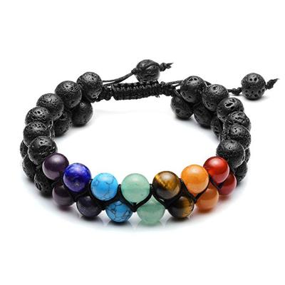 China Colorful Natural Stone Lava Double-Layer Seven Chakra Bead Bracelet Adjustable Strech Bracelet Handmade Vintage Jewelry for sale