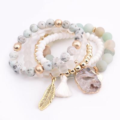 China Fashion Vintage Irregular Multilayer Agate Feather Bangle Natural Stone Charm Bead Bracelet for sale