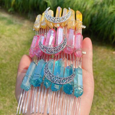 China Hot Selling Moon Crystal Point Combs Natural Stone Indian Hair Pin Side Comb Bridal Wedding Hair Accessories Hair Jewelry from China for sale