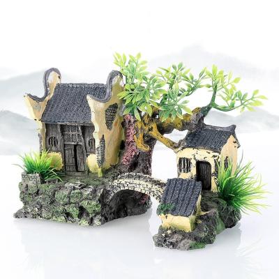 China Viable Aquarium Resin Cottage Landscape Decoration Jiangnan Cabin Simulated House Resin Aquariums Antique Accessories for sale