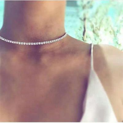 China Sparkling Nickel Free Women Alloy Statement Chain Necklace Simple Design Rhinestone Crystal Choker Necklace for sale