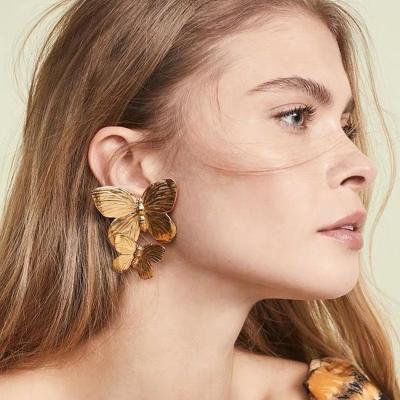 China High Quality Women Metal Butterfly Stud Earrings Statement Jewelry Gold Double Butterfly Earrings for sale