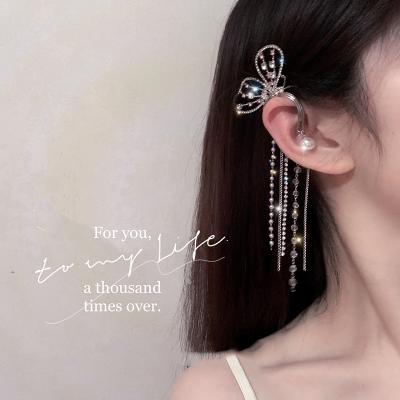 China Nickel Free Korean Hang On Earring Hooks Jewelry Women Bead Butterfly Wing Clip On Earrings Non Pierced Rhinestone Tassel for sale