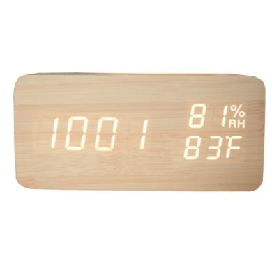 China Amazon Antique Multifunctional Square Style Digital Wooden Color Mini Size Humidity Alarm Clock For Children for sale