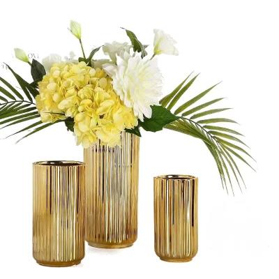 China Modern Fashion Vase Ceramic Gold Set of 3 with Stripe Home Decorations Affordable Luxury Style Ornaments for Wedding Hotel Showroom for sale