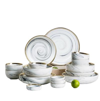 China Viable Rushed Irregular Tableware Sets Ceramic Tableware Household Rice Bowl Marble Dish for sale