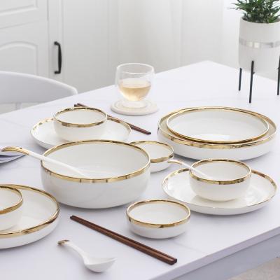 China Viable Simple Nordic Gold-rimmed Ceramic Tableware Sets Round Creative Solid Color Household Rice Bowl Kitchen Dish Western Dish Sou for sale