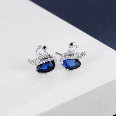 China New Fashion Romantic 925 Sterling Silver Swan Gemstone Crystal Stud Earrings Gold Plated Jewelry For Women for sale