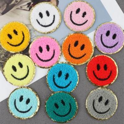 China Eco-Friendly RTS Stock Wholesale Iron On Smiley Face Custom Glitter Chenille Patches For Bags And Clothes for sale