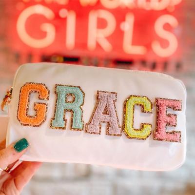 China Custom Embroidery Glitter Letter Patch Bridesmaid Gifts Personalized RTS Waterproof Running Nylon Portable Goods Travel Beach Cosmetic Bags for sale