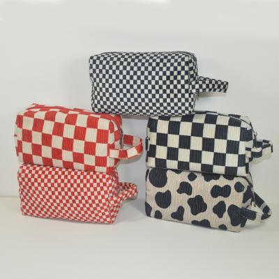 China New Women Custom Gingham Pattern Cowhide Corduroy Portable Handled RTS Makeup Storage Cosmetic Bag Girl Portable Running Travel for sale