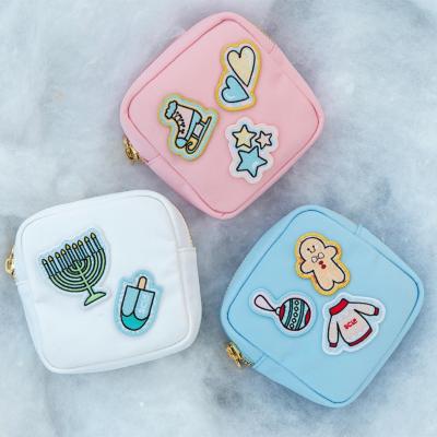 China RTS Waterproof Stock Glitter Nylon Waterproof Personalized Letter Patches Bridesmaid Women Cosmetic Bag Custom Portable Makeup Small Gifts for sale