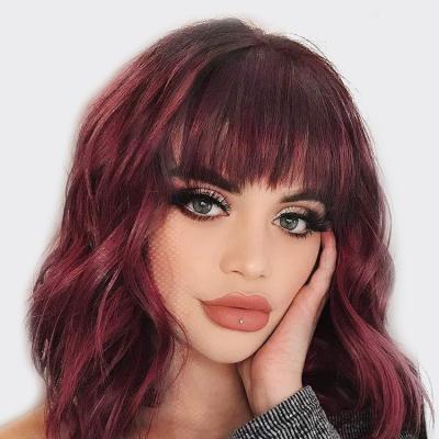 China New Product Body Wave Women Multicolor Short Curly Hair With Bangs Chemical Fiber Shoulder Length Wavy High Temperature Silk Pink Wig for sale