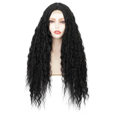 China Long Curly Black Silky Straight Wave Synthetic Wigs Wig For Color Women Part Middle Hairline High Temperature Fiber for sale