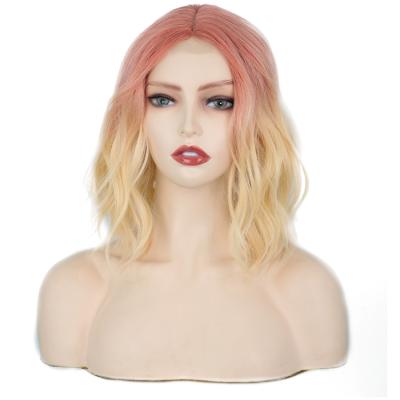 China Natural Water Wave Hair For Cosplay Medium Wavy Synthetic Wigs Women Part Ombre Heat Resistant Pink Wig for sale