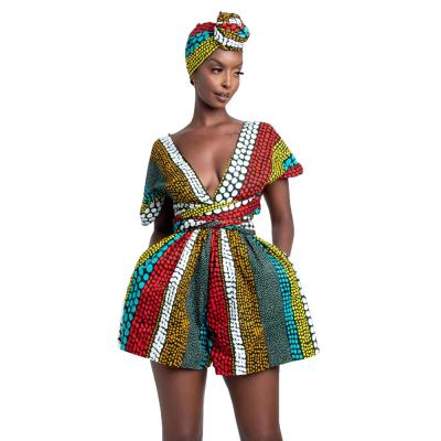 China 10707-MX33 Breathable V-neck one shoulder women jumpsuits african national printing sehe custom fashion for sale