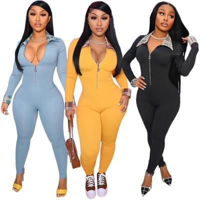 China 10909-MX40 breathable zipper bodycon decline collar solid color bodycon women's one-piece jumpsuits sehe fashion for sale