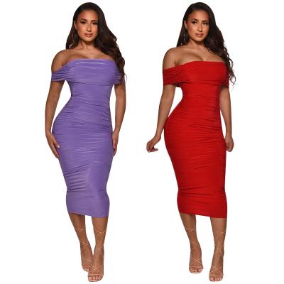 China 10630-MX76 Elegant ladies solid color viable off the shoulder long tight dress women sehe fashion for sale