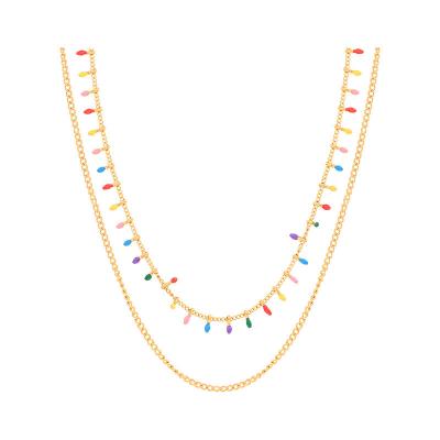 China CLASSIC Colorful Enamel Seed Beads Tassel Necklace Clavicle Chain Gold Plated Double Layered Stainless Steel Link Chain Necklace Set for sale