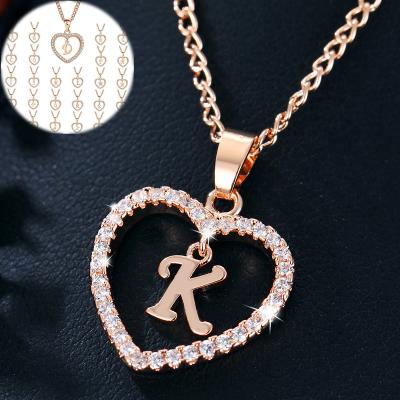 China Wholesale 26 Alphabet CZ Heart Zirconia Necklace Rose Gold Plated Initial Letter CLASSIC Zircon Love Pendant Necklace Jewelry for sale