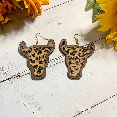 China Women's Bull Head Waterdrop Waterdrop Wooden Frame LOVE CLASSIC Love Heart Horsehair Leopard Print Vintage PU Leather Earrings Dangle Earrings for sale