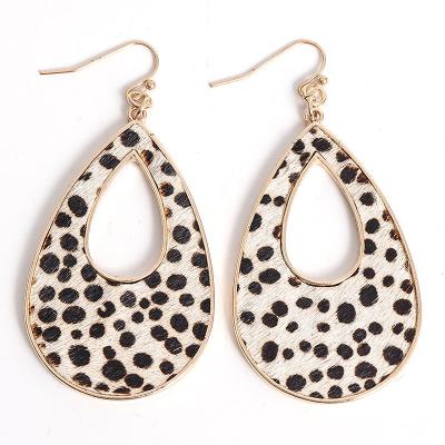 China CLASSIC Vintage Dot Leopard Cow Pattern Horsehair Leather Trim Earrings For Women Metal Frame Waterdrop Geometric Hollow Hook Earrings for sale