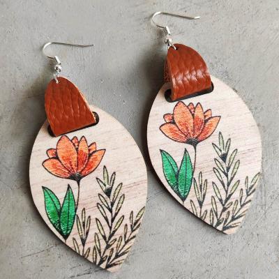 China Vintage Style Sunflower Leaf Ethnic Floral Geometric Teardrop Wooden Dangle Earrings For Women Whip Leather Hook Earrings for sale