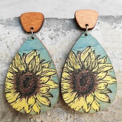 China Vintage Bohemian Ethnic Style Waterdrop Earrings Vintage Sunflower Flower Geometric Wooden Print Dangle Earrings For Women for sale