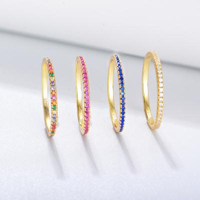 China New CLASSIC Zirconia Ring For Wedding Thin Rainbow S925 Sterling Silver Finger Ring Gold Plated Sterling Silver Colorful Cubic Zircon for sale