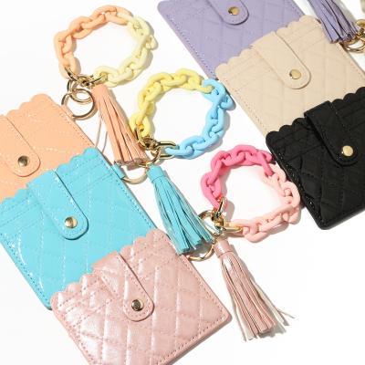 China New Leopard Print Floral Key Chain Acrylic Chains Bracelet For Women PU Tassel Key Ring Card Holder Keychain Bag Leather Pendant for sale