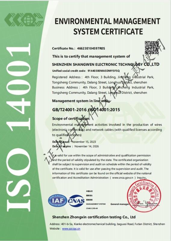 ENVIRONMENTAL MANAGEMENT SYSTEM CERTIFICATE - Shenzhen Shangwen Electronic Technology Co., Ltd.