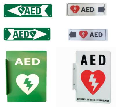 China Weißes grünes AED-Notdefibrillator-Zeichen-kundenspezifisches Defibrillator-Herz Restarter-Zeichen zu verkaufen