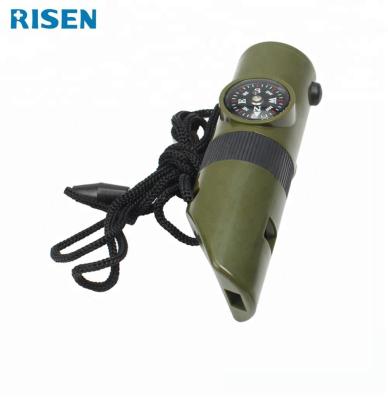 China Eco-friendly Plastic 7 in 1 Outdoor Army Green Multifunctional Survival Rescue Whistle for sale