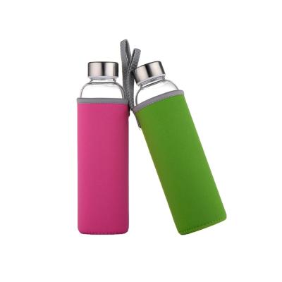 China Sustainable Glass Water Bottles 18oz Bottles for Beverage and Squeezer Use Stainless Steel Lids - Including Colored Nylon Protective Sleeve for sale