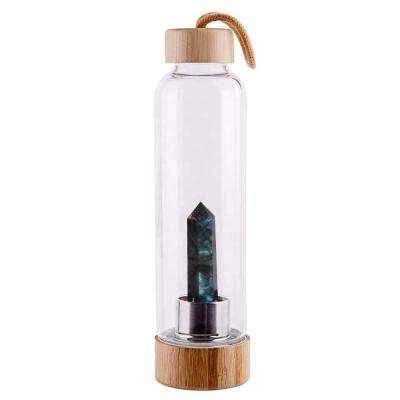 China Viable Crystal Water Bottle with Bamboo Lid, Natural Crystal Glass Water Bottle for Making Healing Gemstone Infused Water 18OZ for sale