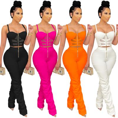 China Anti-pilling fashion 2022 casual sleeveless stacked neon women casual 2 piece pants set clothing women two piece sets for sale