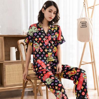 China 2022 Breathable Cute Pajamas Summer Women Satin Two Piece Silk Pajamas Set Women Short Sleeve Pajamas Set for sale